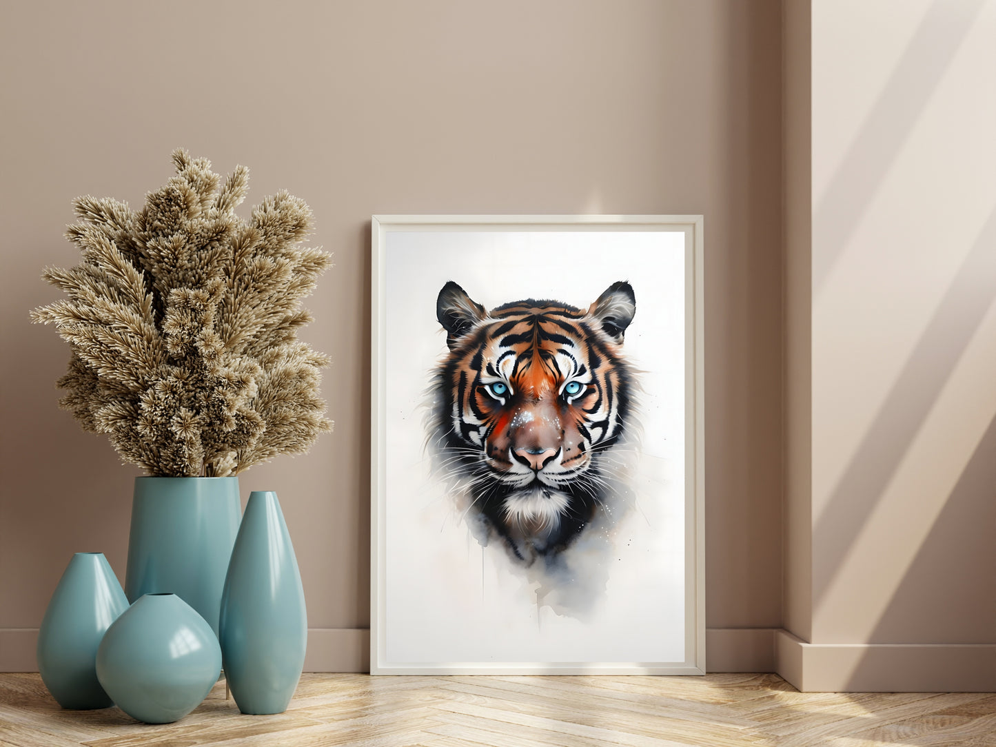 Blue-Eyed Majesty – Premium Watercolor Tiger Wall Art