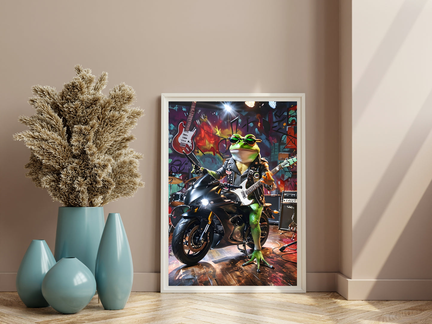 Rockstar Frog: Punk Frog with Guitar and Motorcycle Wall Art