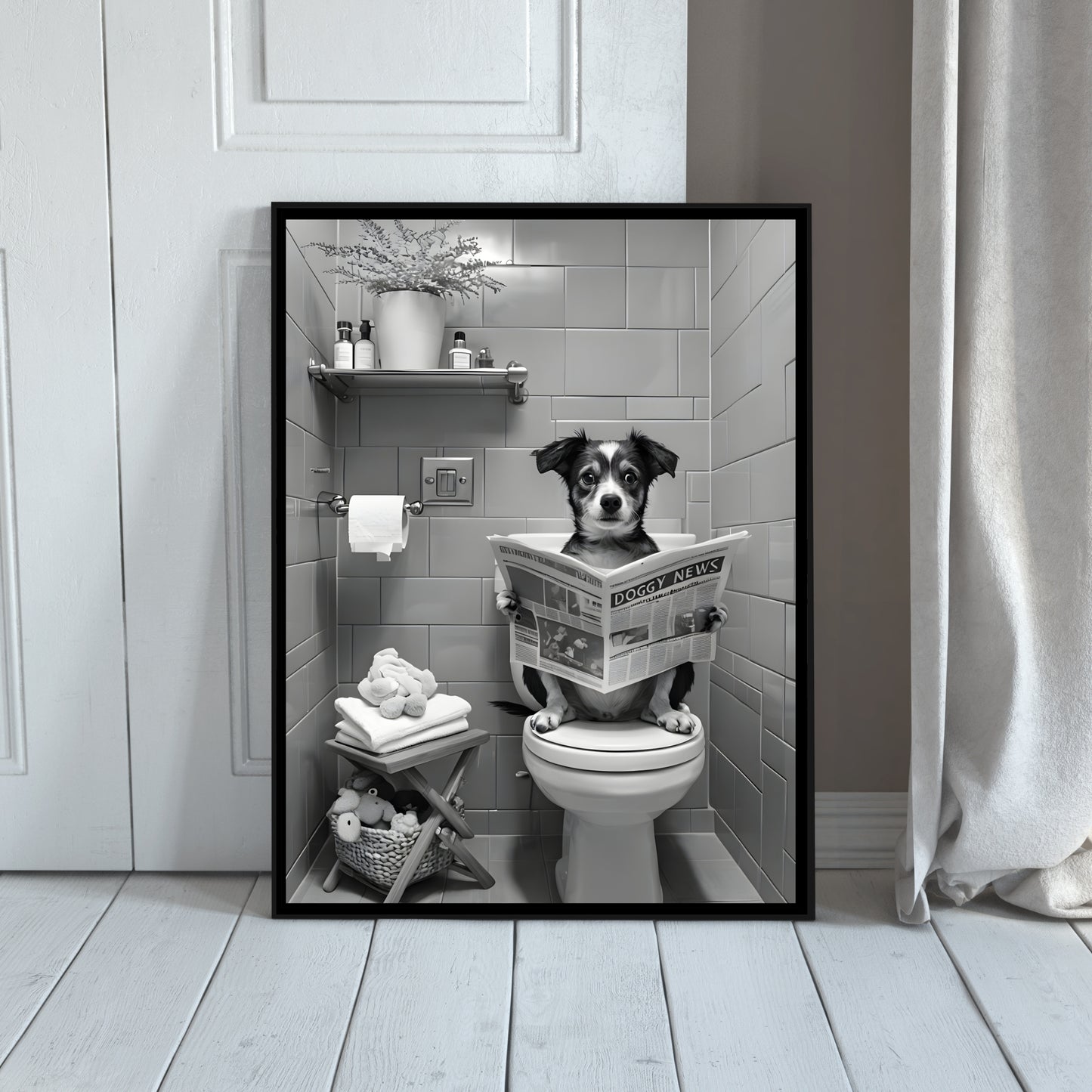 Funny Dog Bathroom Art | Reading Newspaper Print