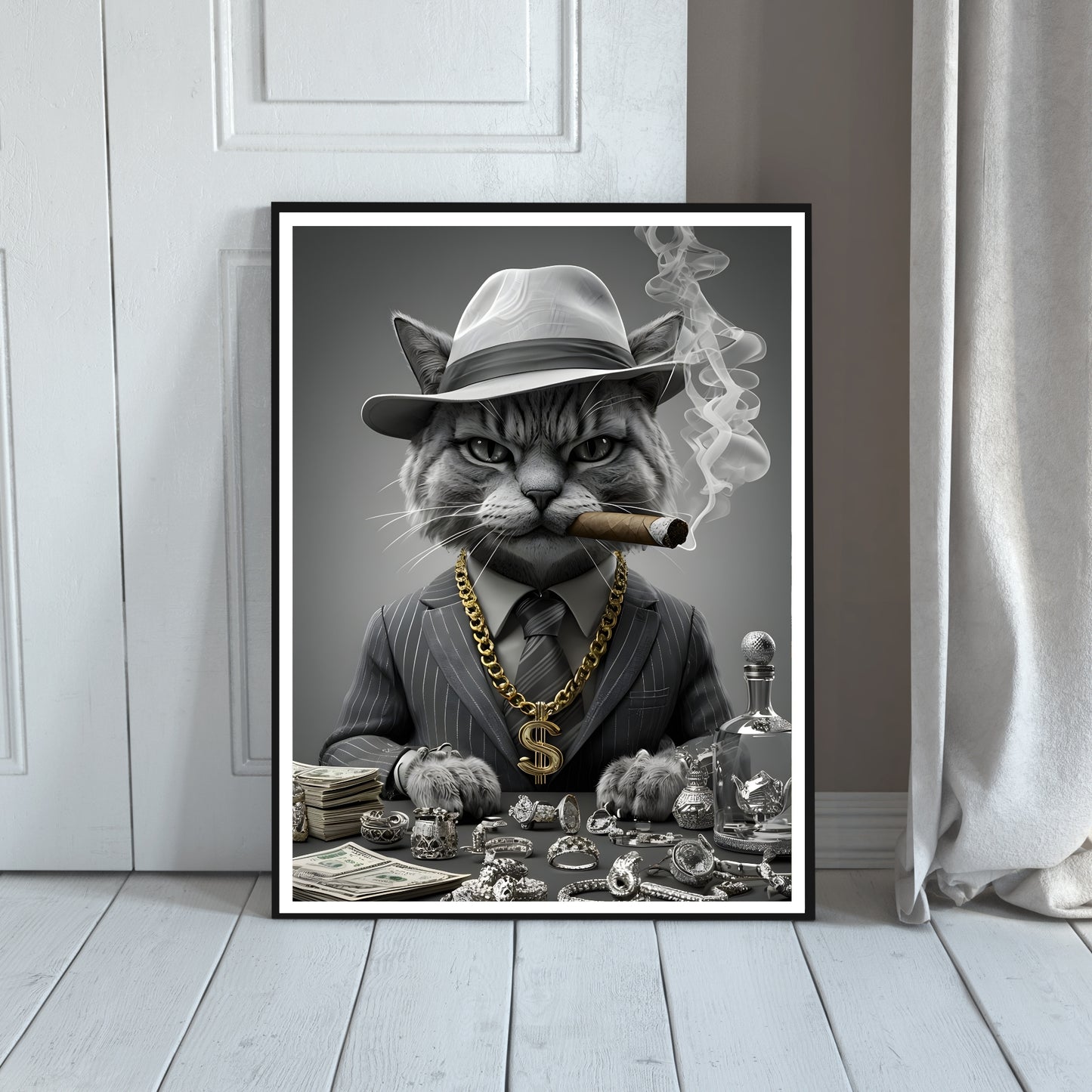 Gangster Cat Printable Wall Art – Funny Mafia Cat in Suit with Gold & Cigar