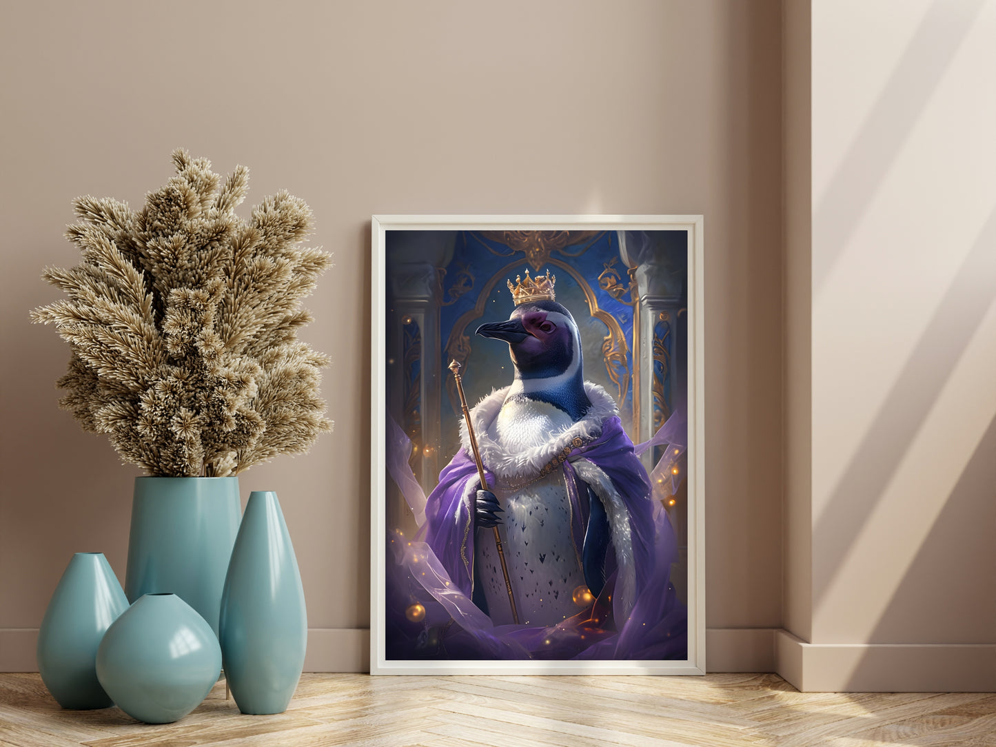 Regal King Penguin Wall Art – Majestic Digital Penguin Print with Crown