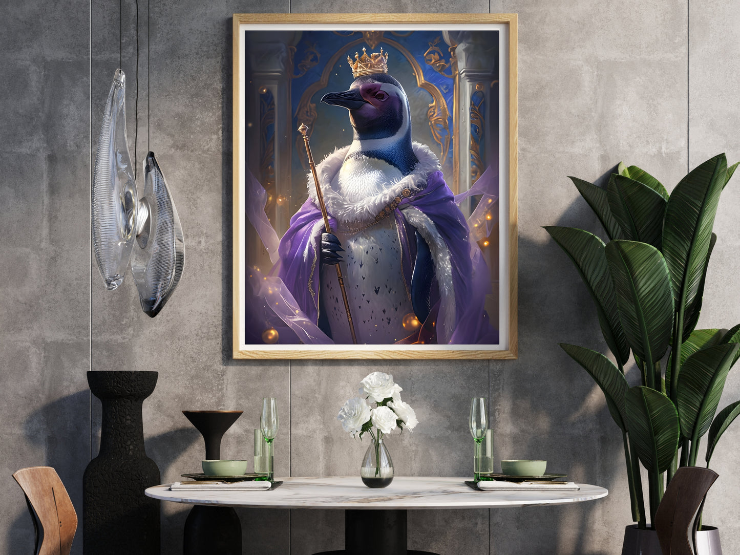 Regal King Penguin Wall Art – Majestic Digital Penguin Print with Crown