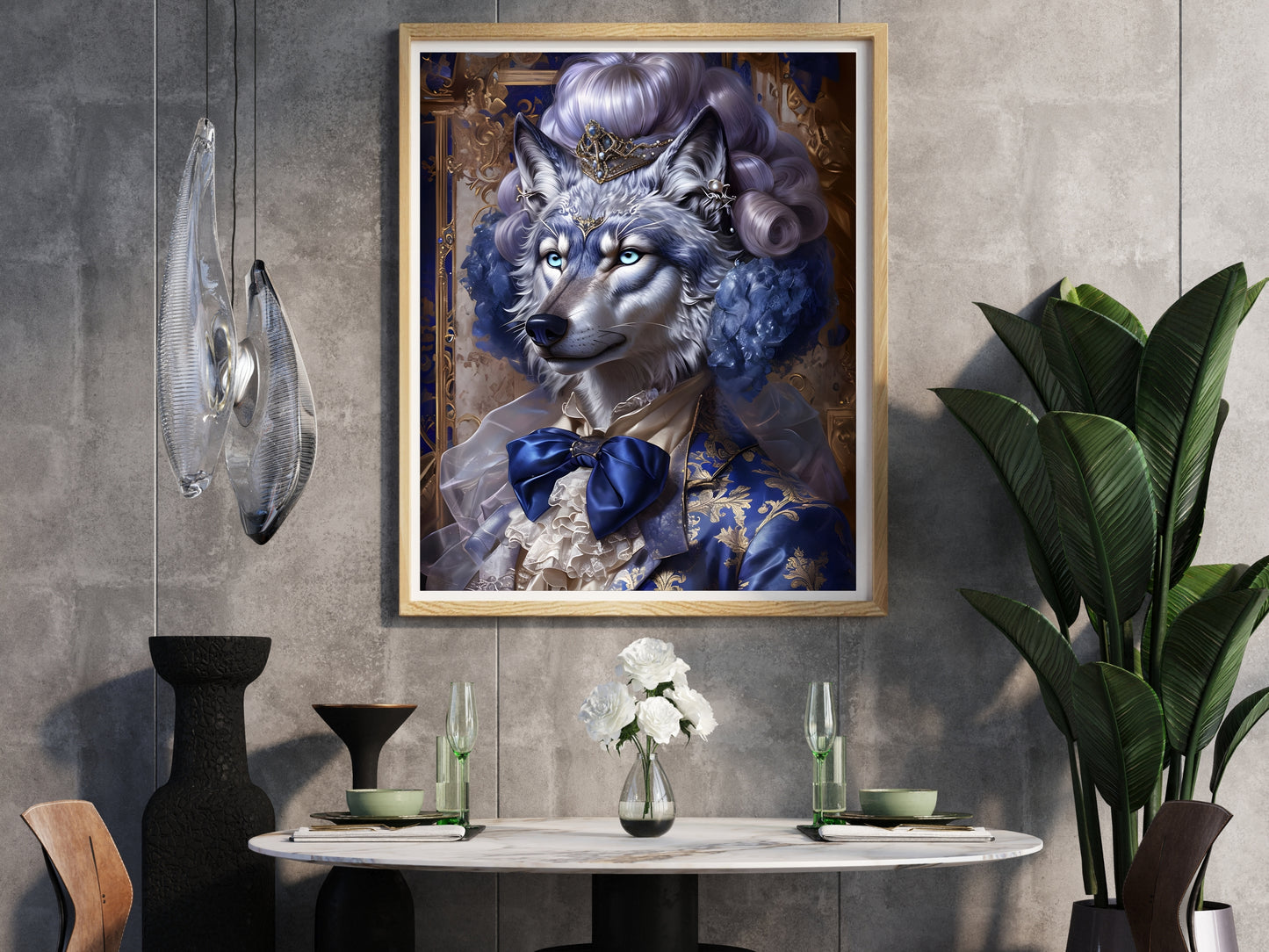 Regal Wolf Fantasy Art Digital Print in Blue & Gold – Elegant Wall Decor for Animal Art Lovers