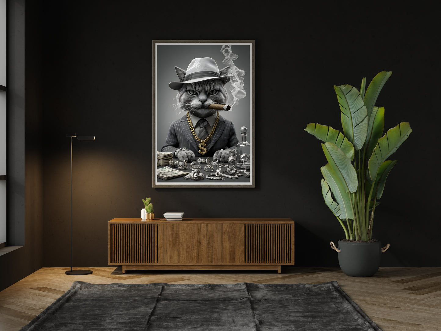 Gangster Cat Printable Wall Art – Funny Mafia Cat in Suit with Gold & Cigar