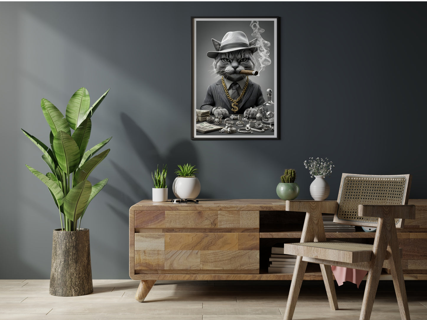 Gangster Cat Printable Wall Art – Funny Mafia Cat in Suit with Gold & Cigar