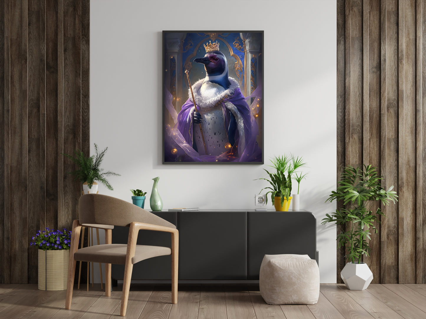 Regal King Penguin Wall Art – Majestic Digital Penguin Print with Crown