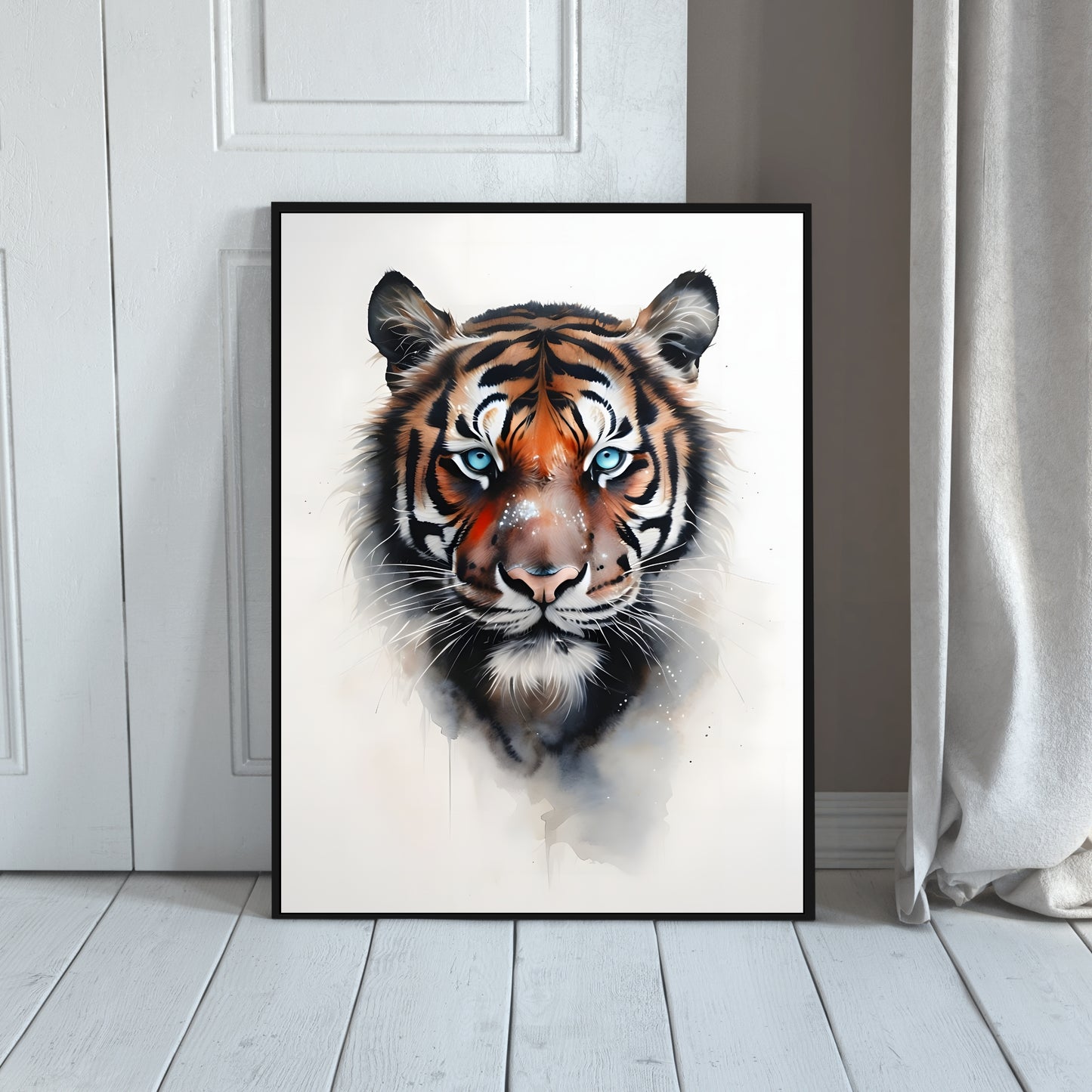 Blue-Eyed Majesty – Premium Watercolor Tiger Wall Art