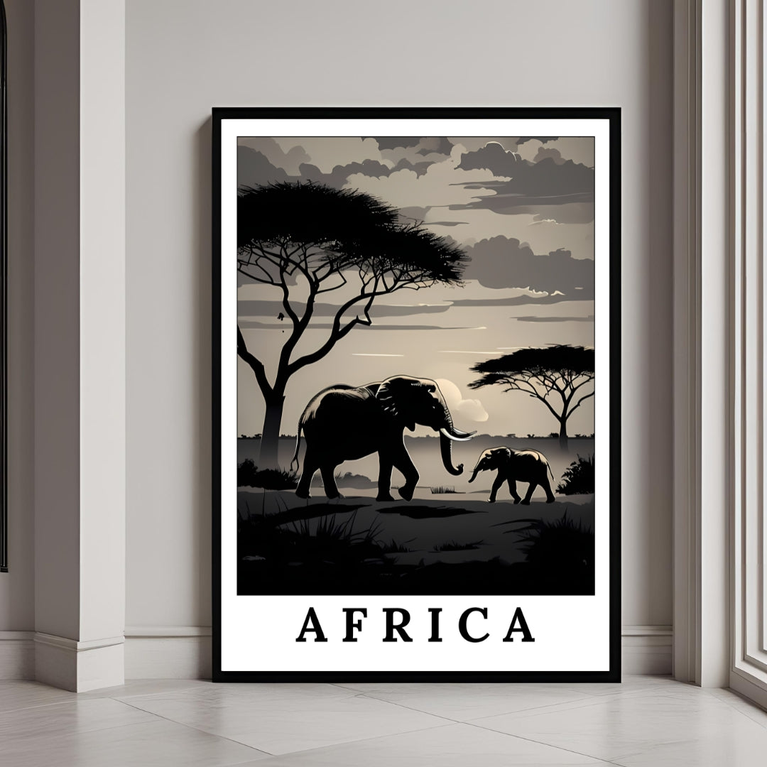 African Sunset - Digital Elephant Savannah Wall Art