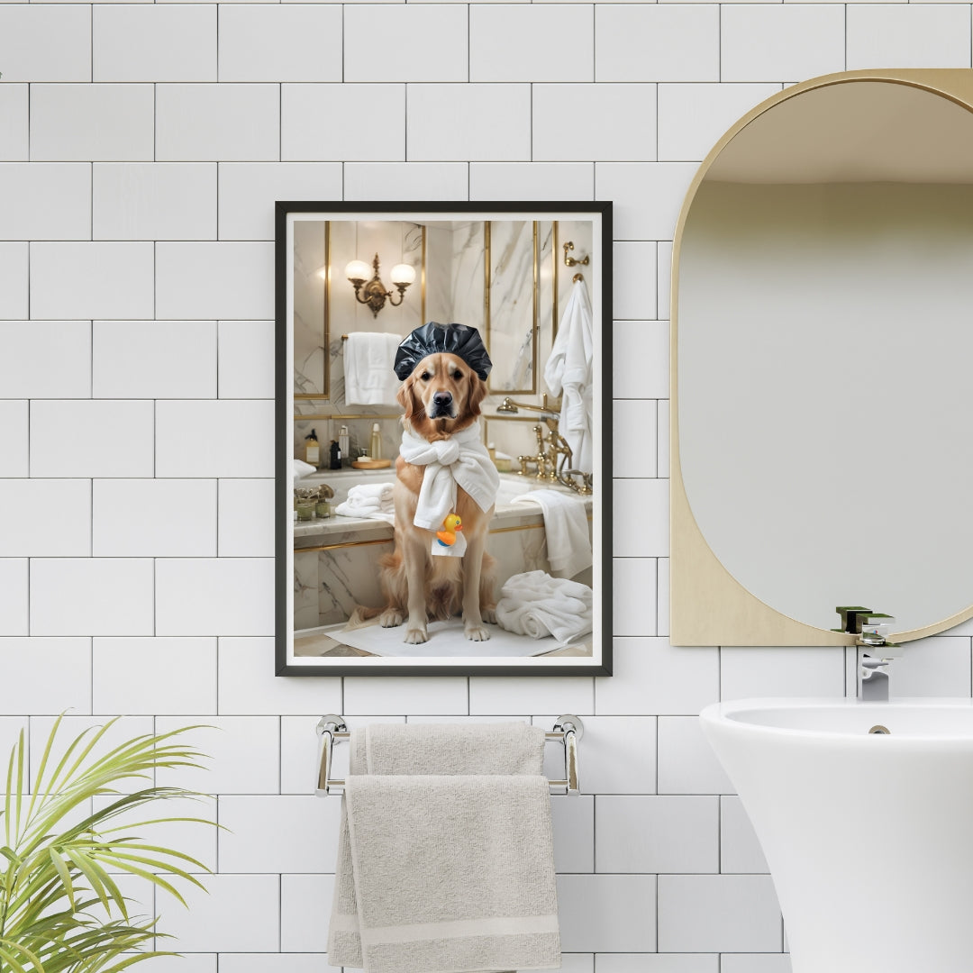 Set of 3 Funny Golden Retriever Prints – Relaxing Dog Bathtub Wall Art