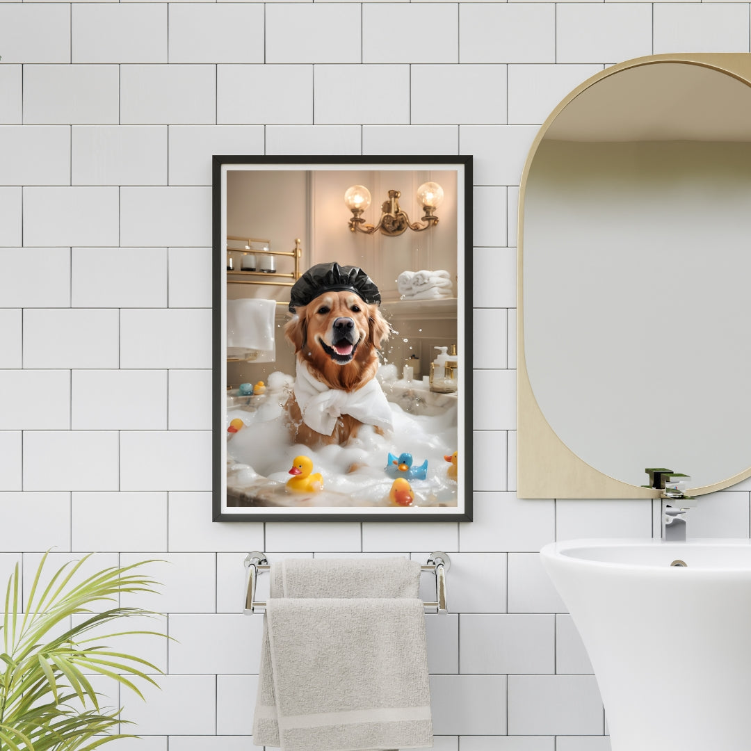 Set of 3 Funny Golden Retriever Prints – Relaxing Dog Bathtub Wall Art