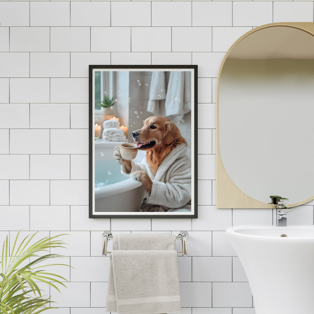 Set of 3 Funny Golden Retriever Prints – Relaxing Dog Bathtub Wall Art