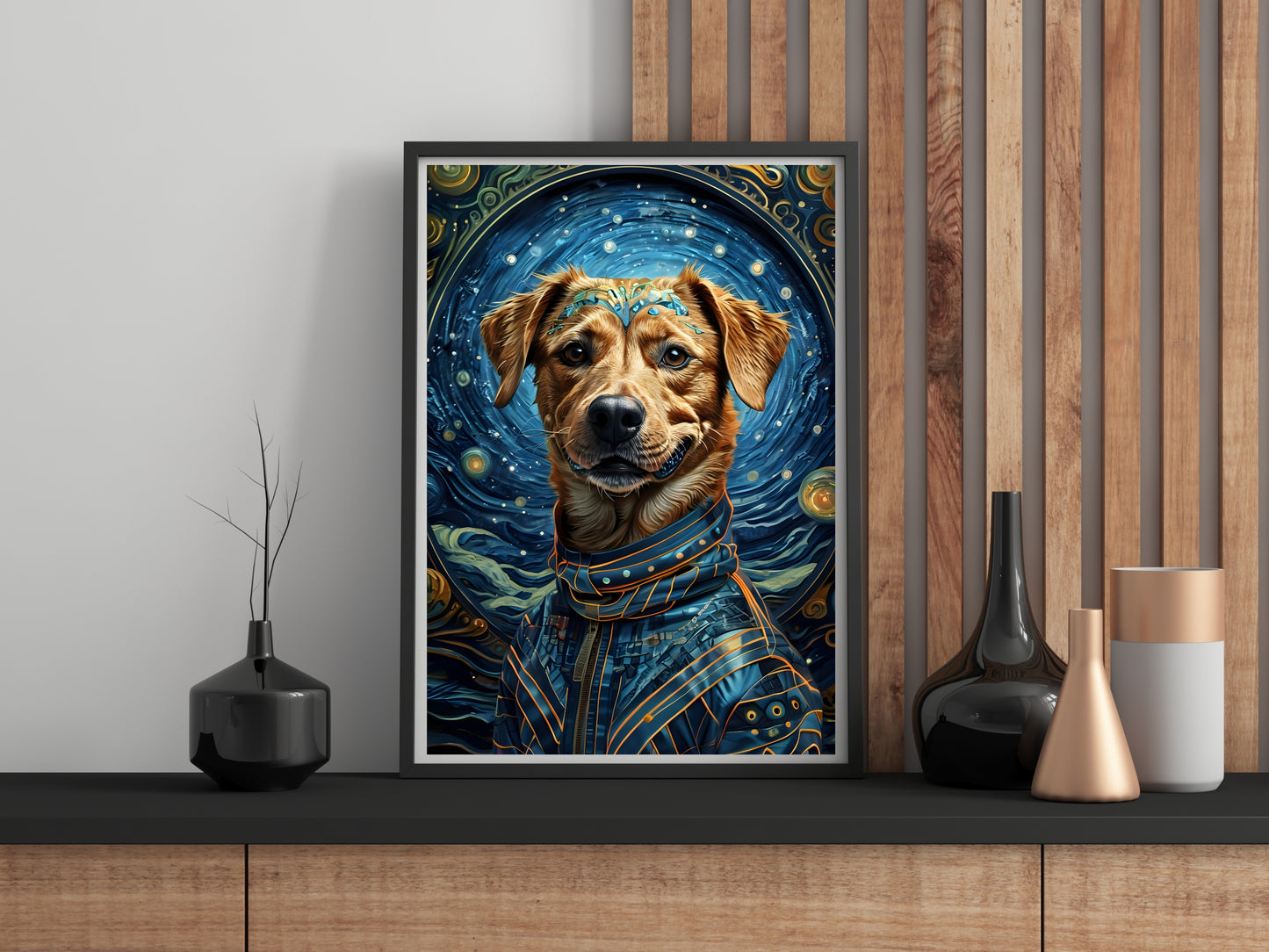 Framed artwork of a dog with a starry background on a wall with decorative vases.