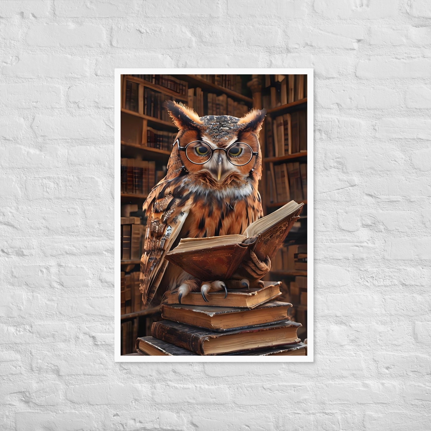 A wide shot of the framed art, showcasing the full charm and wisdom of the reading owl.