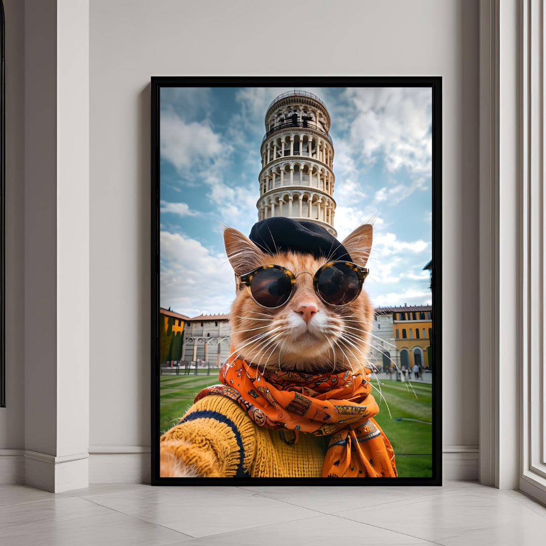 A chic cat tourist taking a selfie at the Leaning Tower of Pisa.