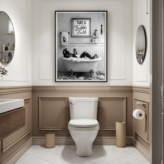 A framed black and white print of a chimpanzee relaxing in a luxurious bubble bath and blowing bubbles.