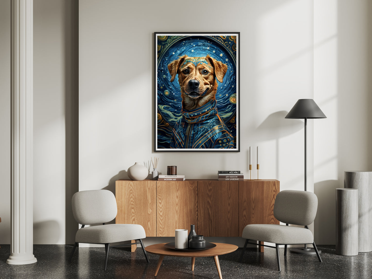 Framed artwork of a dog in space attire in a modern living room.