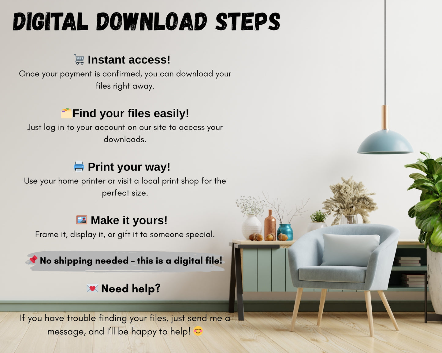 Guide showing the digital download steps for art prints