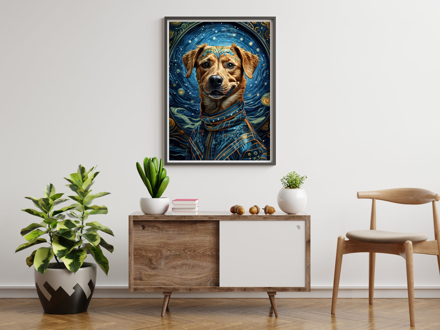 A golden retriever wearing a space suit, a celestial artwork.