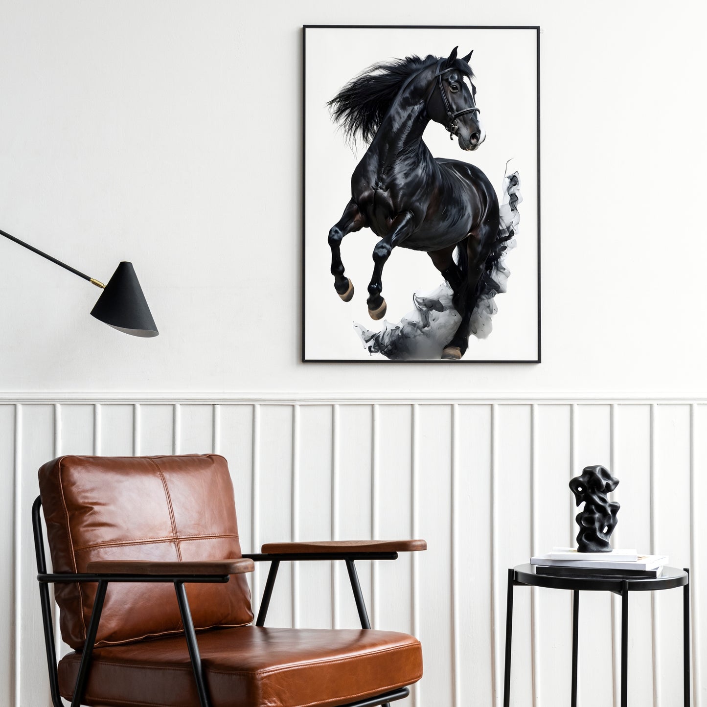 A dynamic art print of a black horse rearing up on its hind legs.