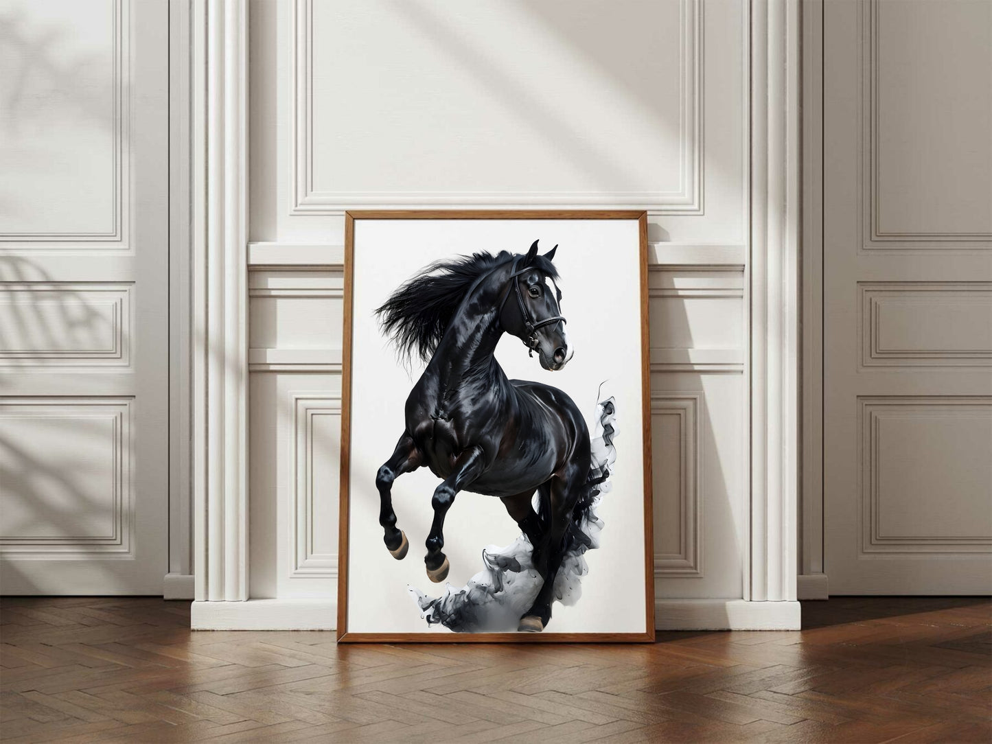 A stunning black horse galloping with a dynamic cloud of smoke.