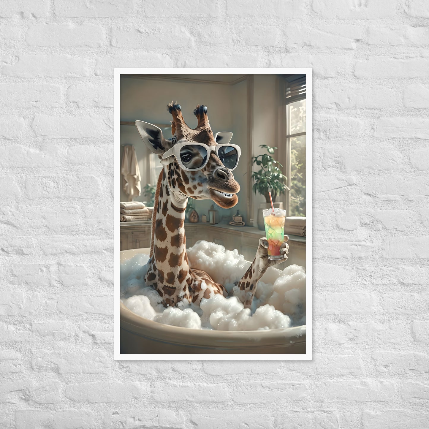 A full view of the framed print, showing the giraffe's relaxed pose while enjoying the bubble bath.