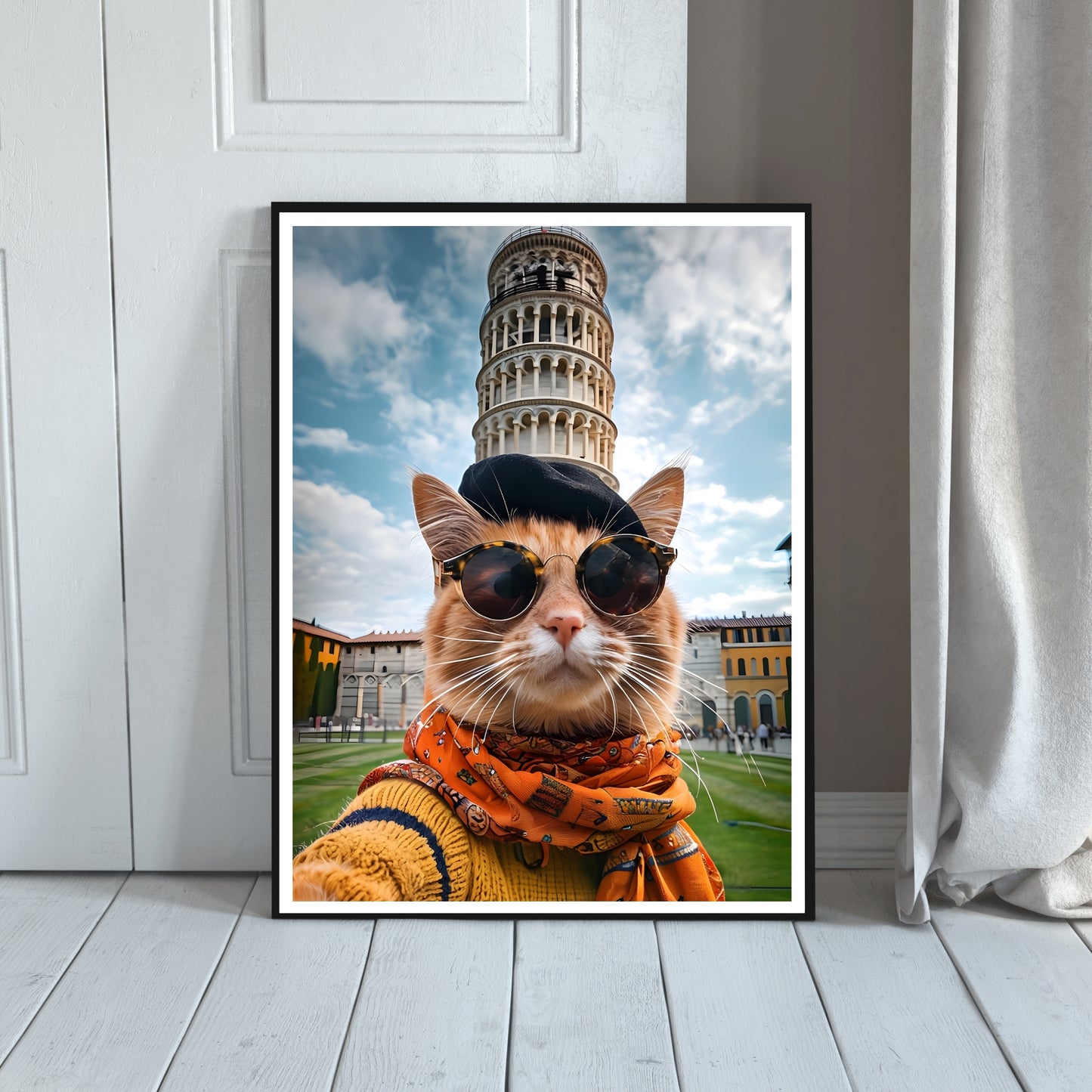 Humorous art print of a stylish cat on an Italian travel adventure.
