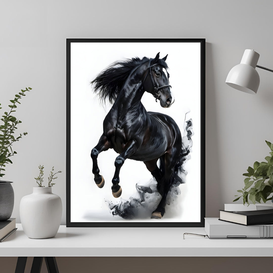 A digital artwork of a black stallion in a powerful, rearing pose.