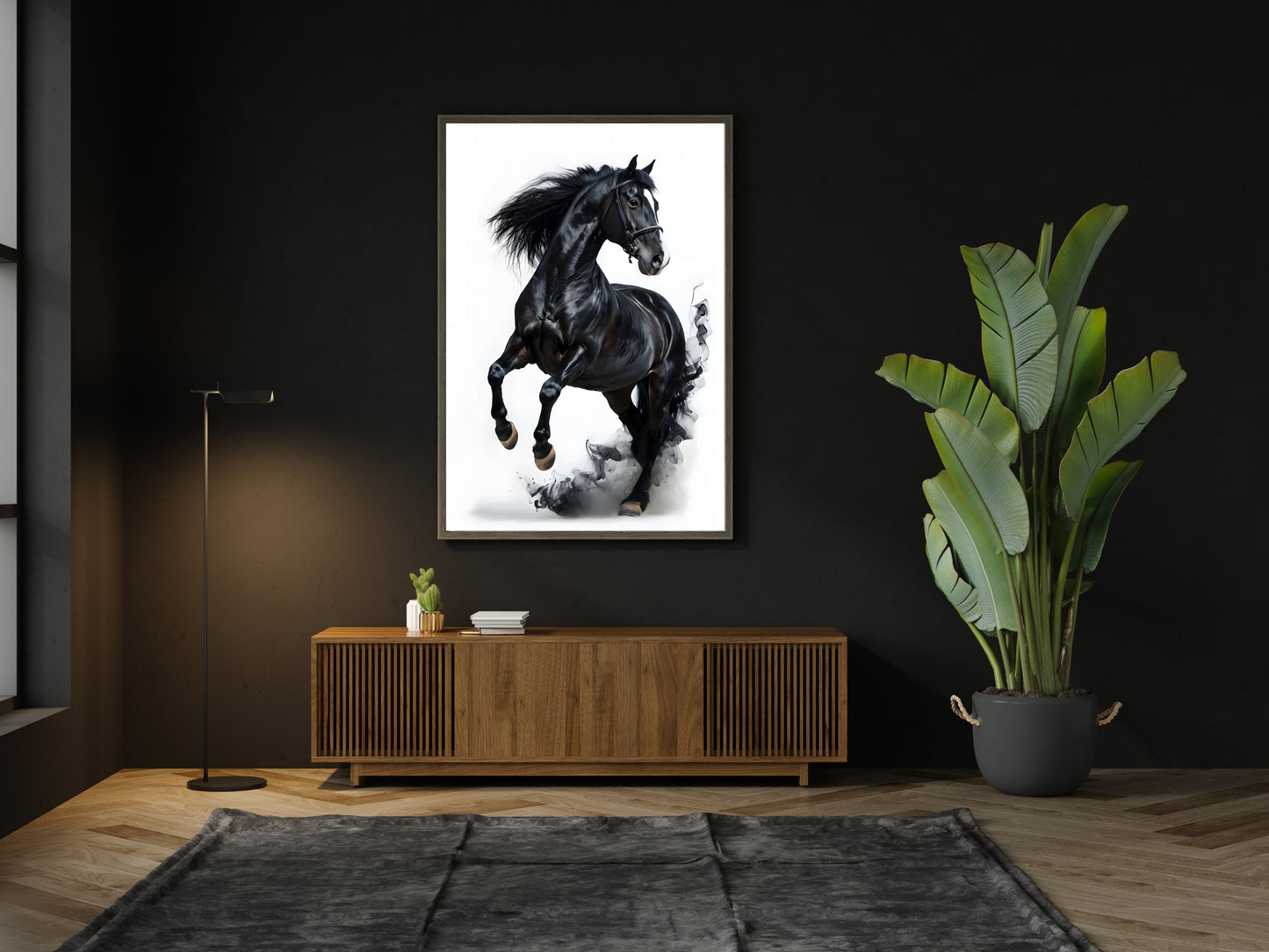 A powerful black stallion in a majestic pose, a wall decor print.