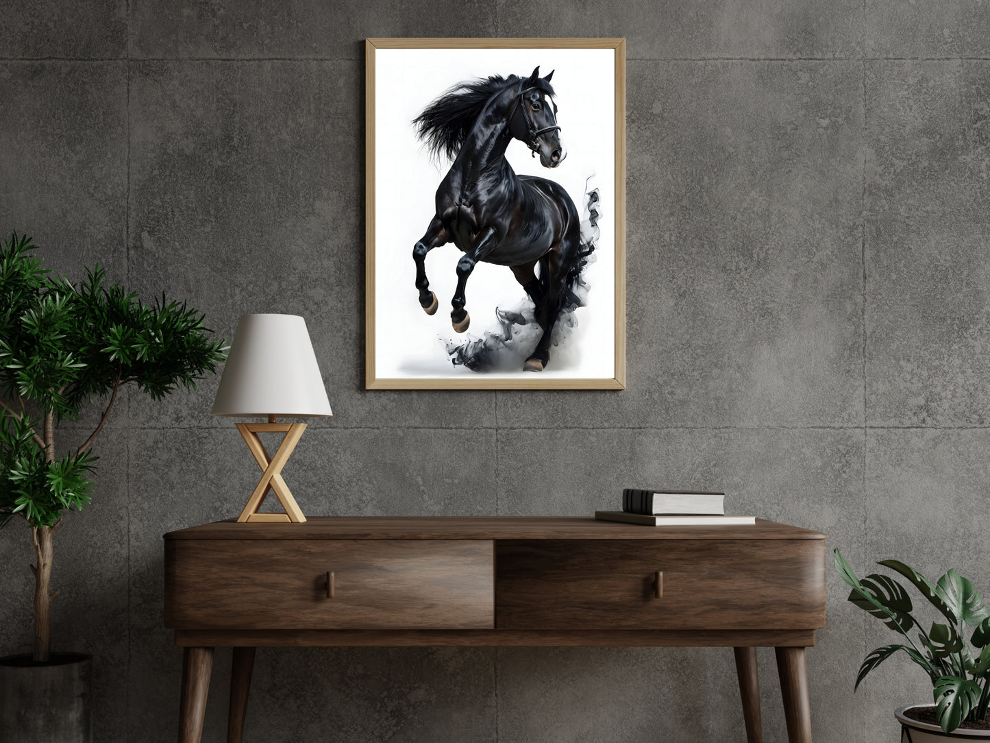 A framed black horse art print with artistic details and motion.
