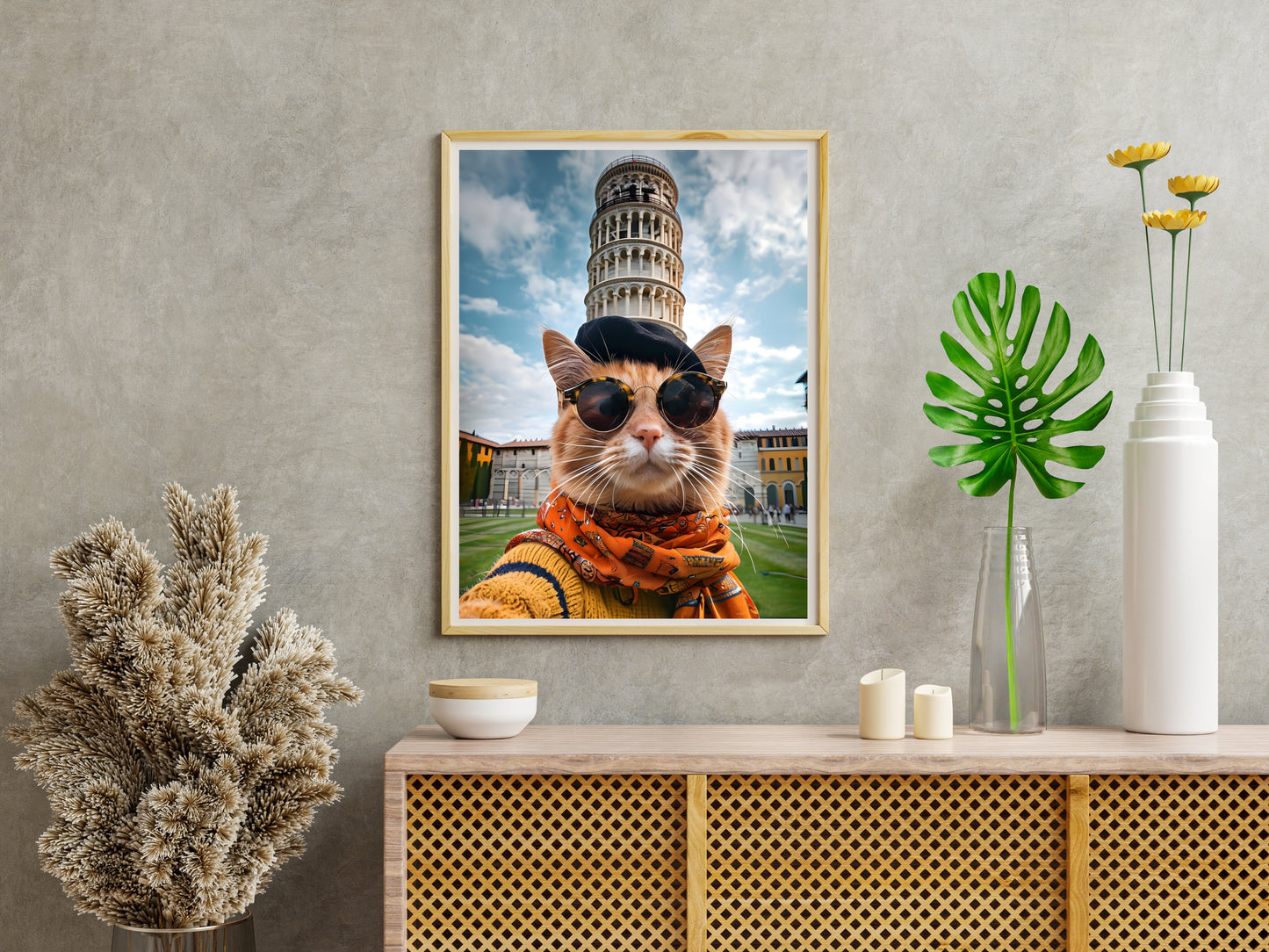 Digital art print of a fashionable feline by the Leaning Tower of Pisa.