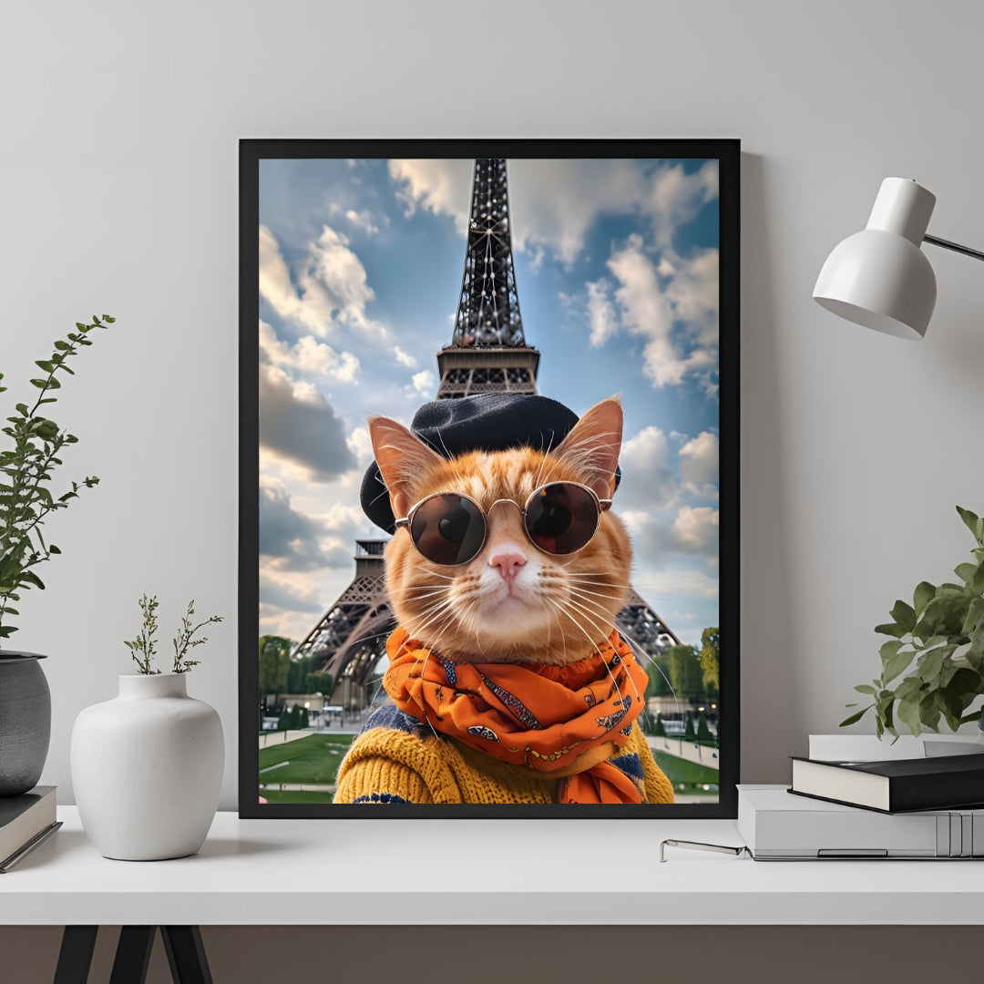 A wide shot of the framed print showcasing the cat's unique charm and its fit for any travel-themed wall.