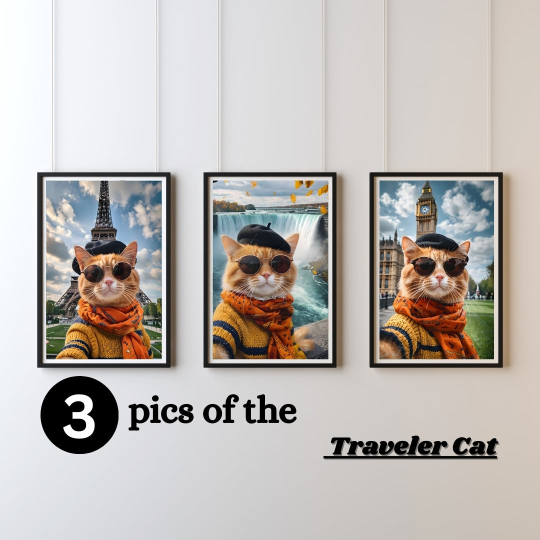 Traveler Cat – Set of 3 Whimsical Wall Art Prints (Paris, Niagara, London)