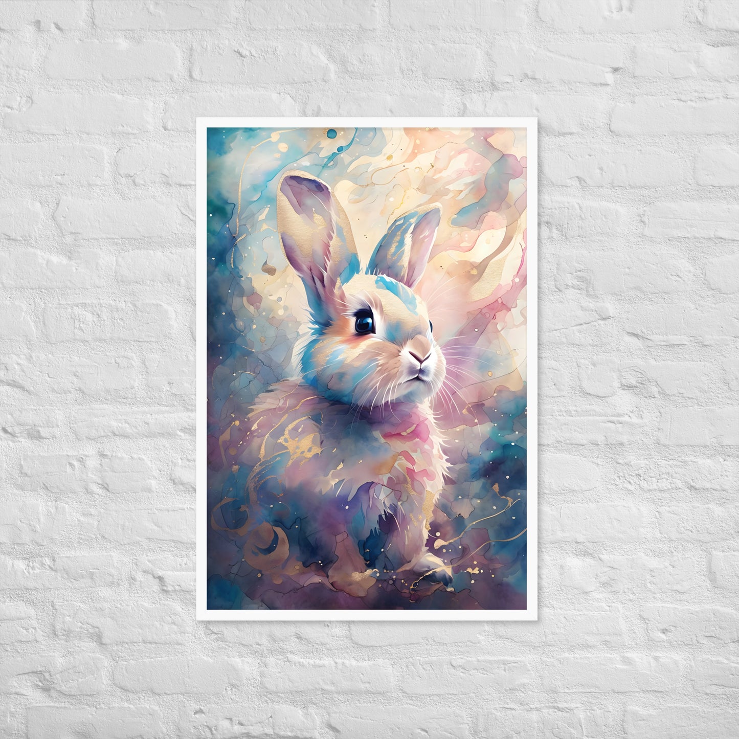 A wide shot of the framed art, highlighting the unique style of the watercolor paint and the subtle gold details.