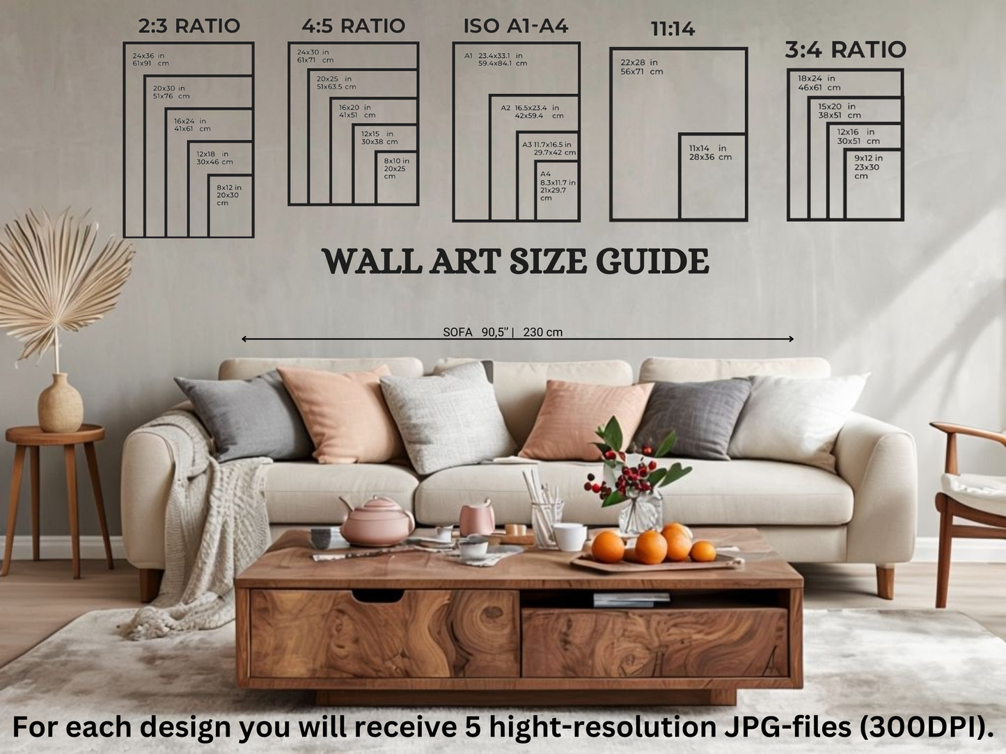 Wall art size guide showing different print ratios and dimensions.