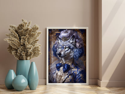 Regal Wolf Fantasy Art Digital Print in Blue & Gold – Elegant Wall Decor for Animal Art Lovers