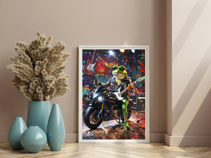 Rockstar Frog: Punk Frog with Guitar and Motorcycle Wall Art