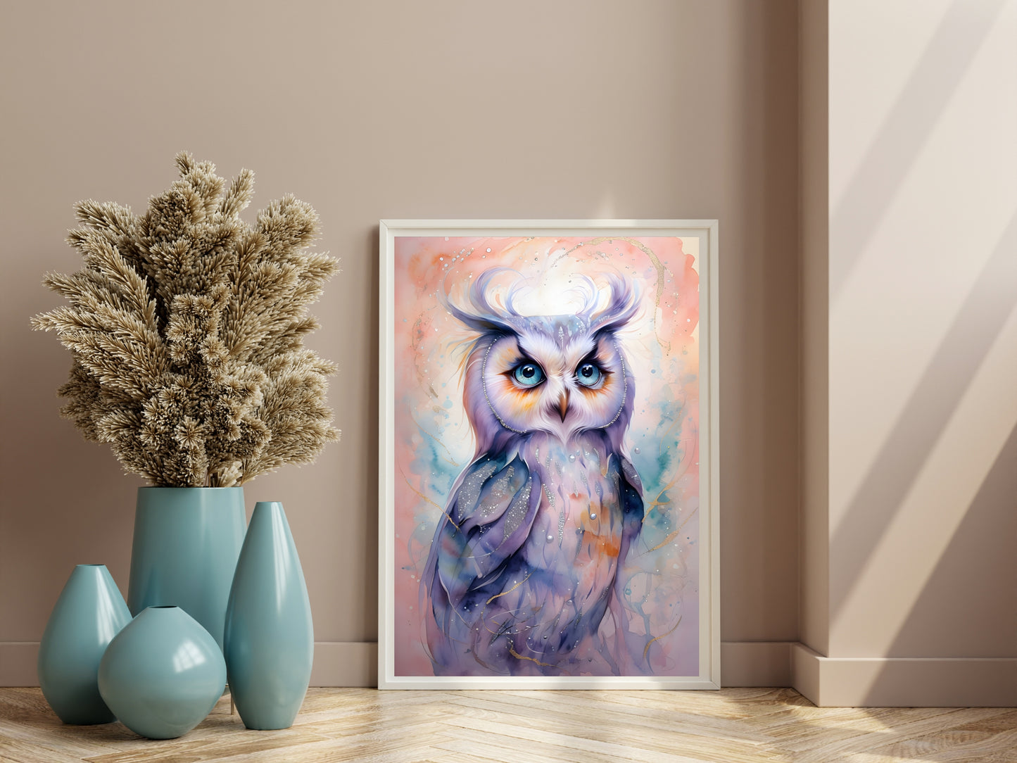 Dreamy Watercolor Owl Wall Art – Magical Fantasy Bird Illustration