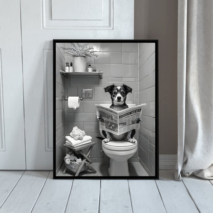 Funny Dog Bathroom Art | Reading Newspaper Print