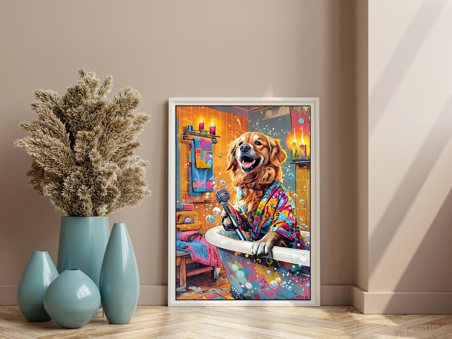 Golden Retriever Singing in the Bath – Fun & Colorful Wall Art