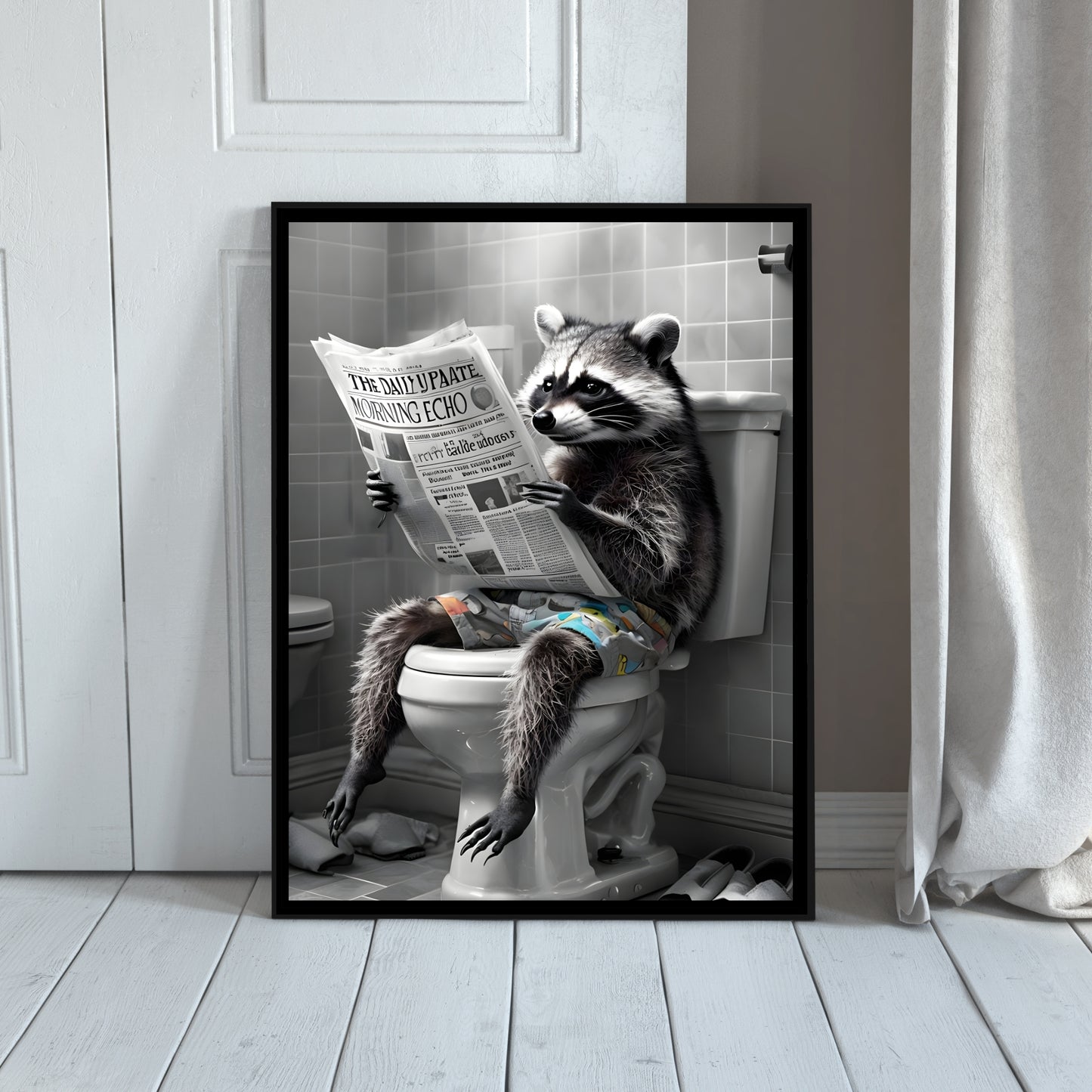 Raccoon Reading Newspaper | Bathroom Art
