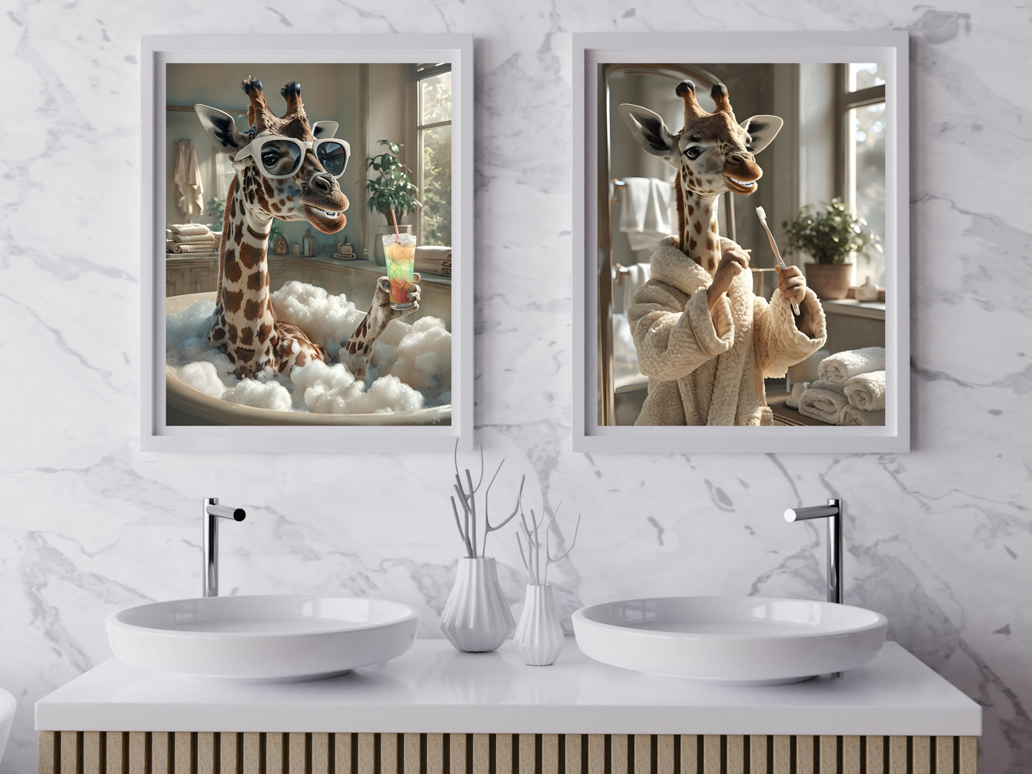 Funny Giraffe Bathroom Wall Art – Printable Animal Set in Robe & Tub