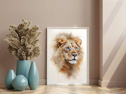 Majestic Watercolor Lion Print – Blue Eyes Digital Wall Art