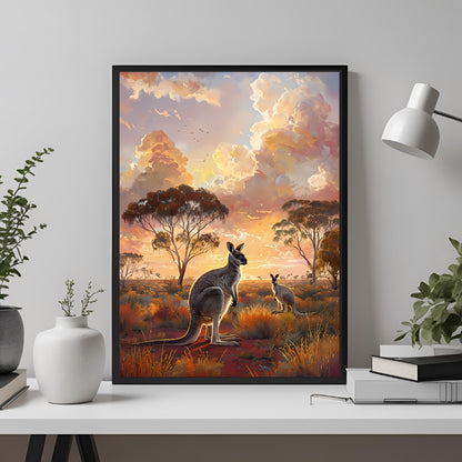 Kangaroo Family Digital Art Print | Sunset Wall Decor