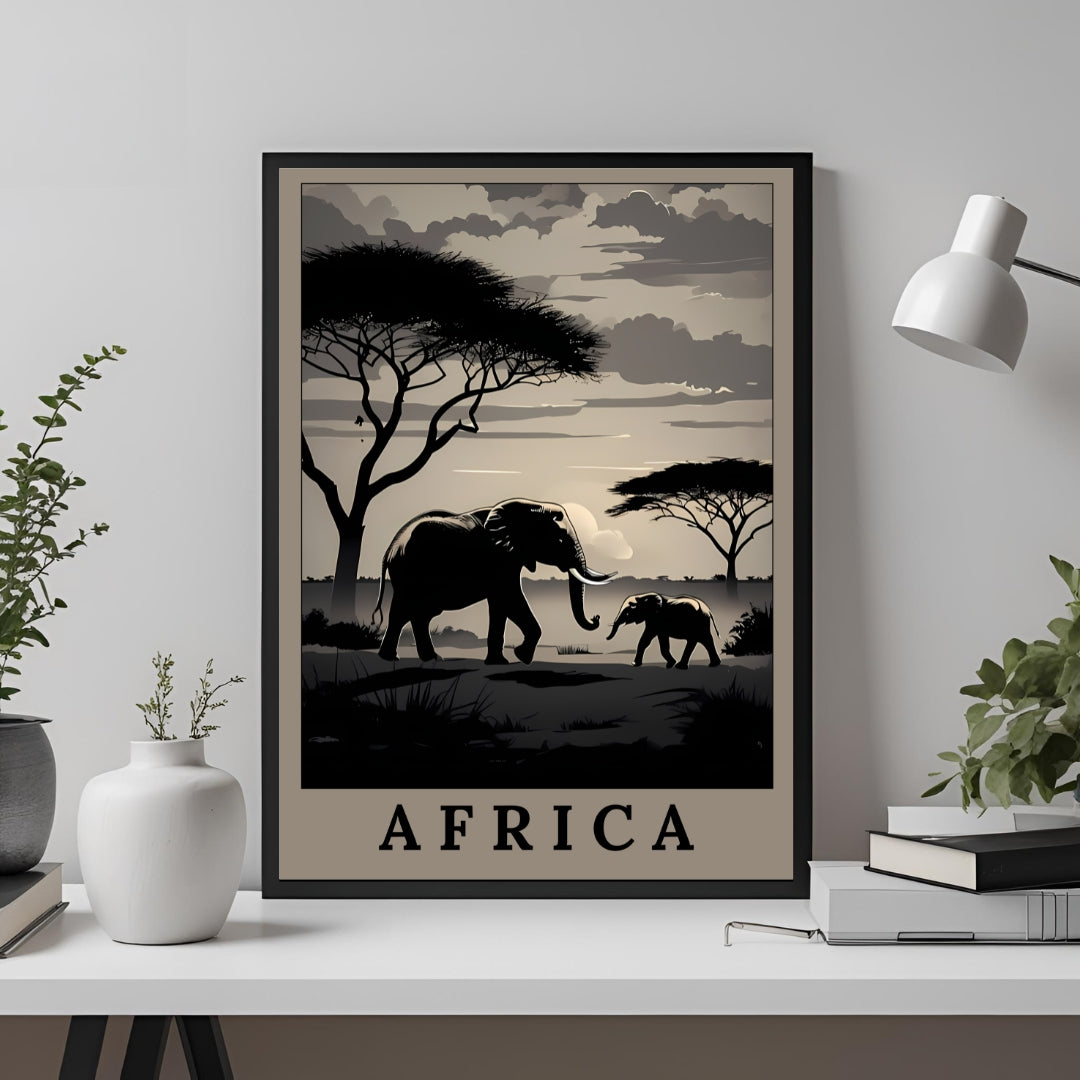 African Sunset - Digital Elephant Savannah Wall Art