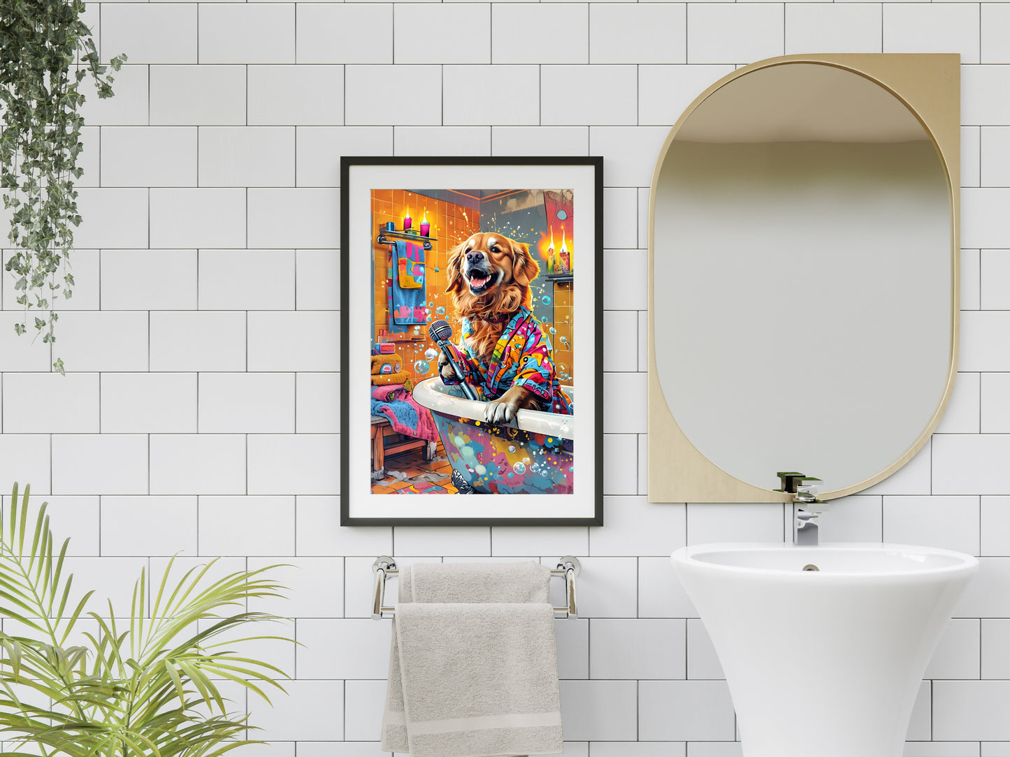 Golden Retriever Singing in the Bath – Fun & Colorful Wall Art