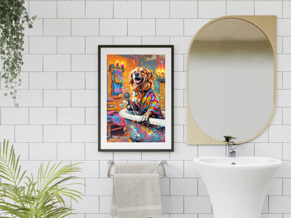 Golden Retriever Singing in the Bath – Fun & Colorful Wall Art