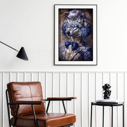 Regal Wolf Fantasy Art Digital Print in Blue & Gold – Elegant Wall Decor for Animal Art Lovers