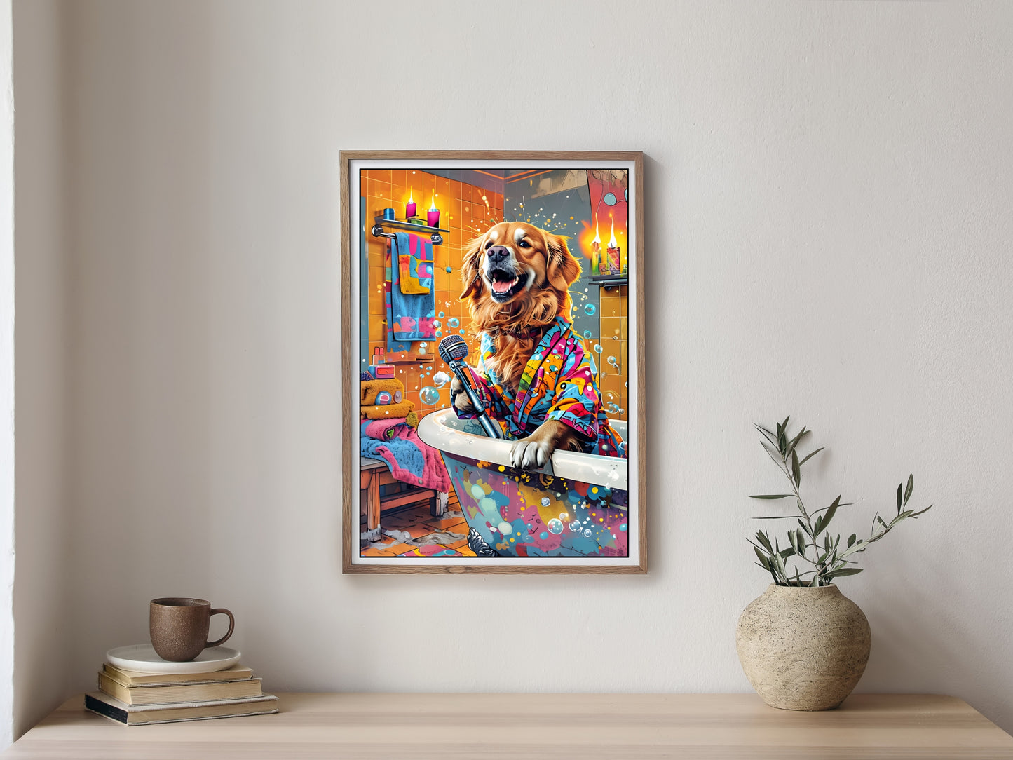 Golden Retriever Singing in the Bath – Fun & Colorful Wall Art