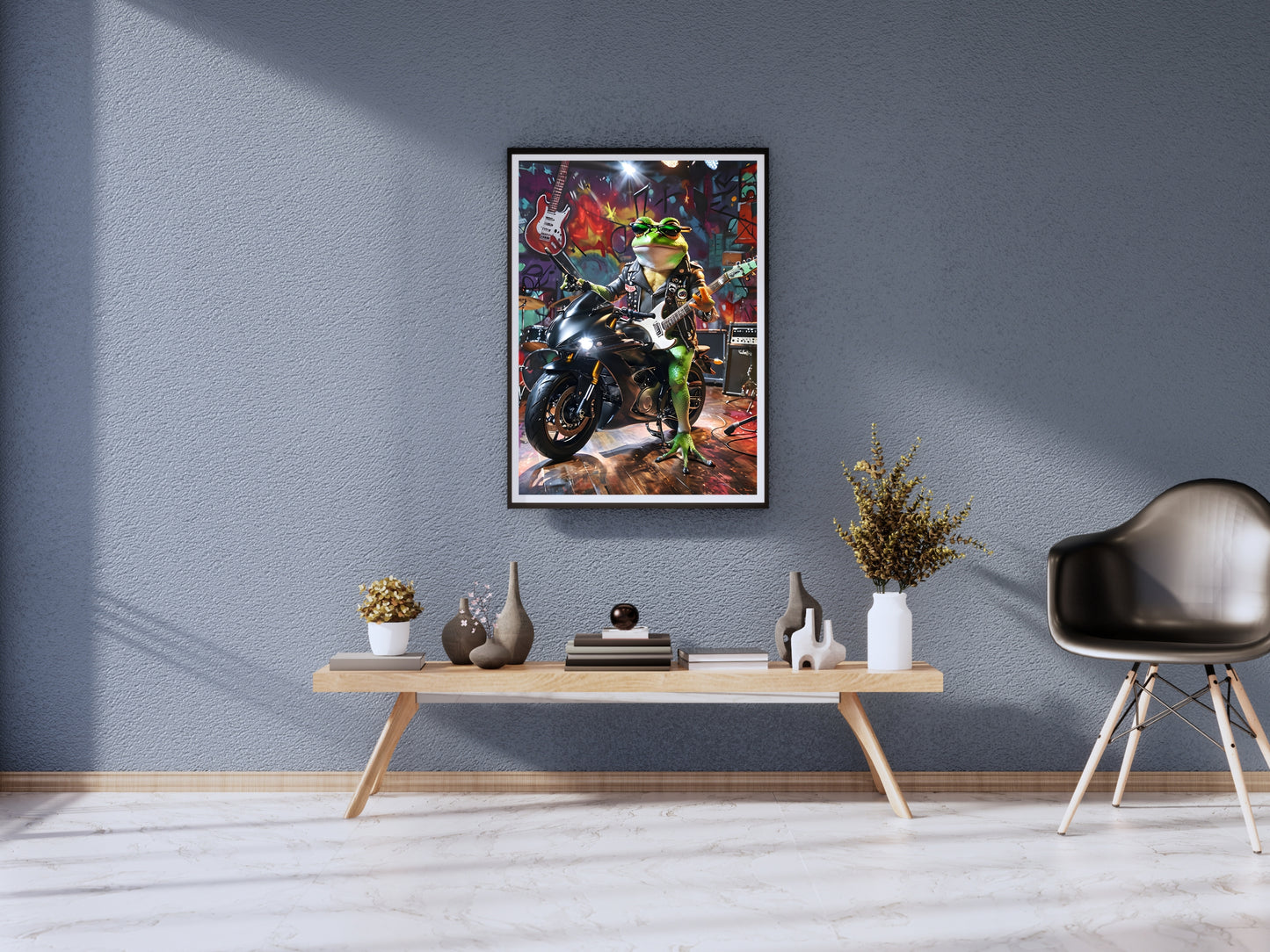 Rockstar Frog: Punk Frog with Guitar and Motorcycle Wall Art