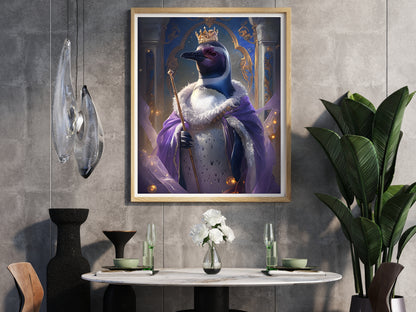 Regal King Penguin Wall Art – Majestic Digital Penguin Print with Crown